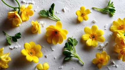 Scattered Yellow Flowers and Green Leaves on White Surface