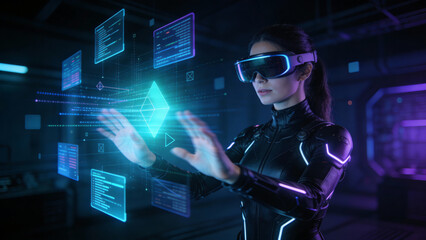 A woman in a futuristic black suit and glowing visor interacts with holographic projections in a dark, tech-filled environment.