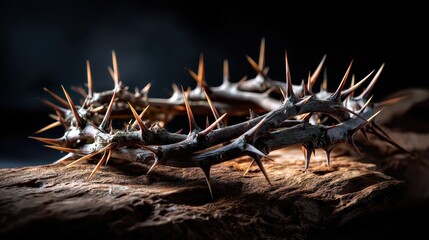 Fototapeta premium Crown of Thorns on Wood in Dark Lighting