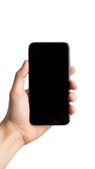 Hand holding smartphone isolated on transparent background