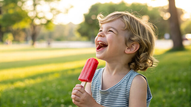 Child enjoys a red popsicle while sitting on grass in a sunny park during the afternoon