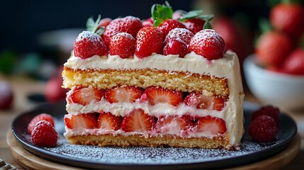 One slice of strawberry layer cake is ready to serve. 
