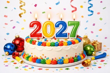 2027 Birthday Cake With Candles and Colorful Decorations
