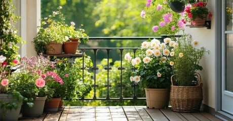 Obraz premium Sunny balcony filled with vibrant flowers, lush greenery. Wrought iron railing overlooks distant trees, creating peaceful scene.