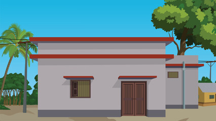 Fototapeta premium Quaint village home under clear blue skies, a peaceful tropical scene for travel, architecture, or cultural projects with a calming and serene atmosphere