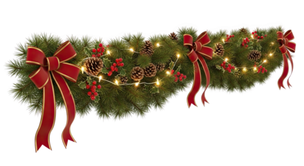 Christmas garland decoration with red bows holly berries and pine cones festive lighting