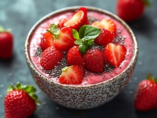 Strawberry yogurt with chia seeds and honey, served in an appetizing ceramic bowl.
