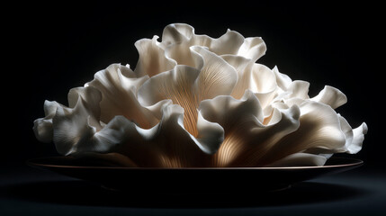 Delicate White Oyster Mushrooms Displayed on a Bronze Plate Against a Black Backdrop