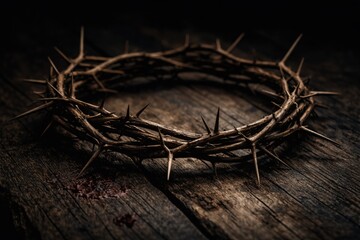 Crown of Thorns on Wooden Surface in Low Light