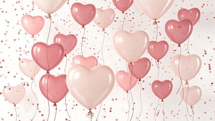 Numerous pink and light-colored heart-shaped balloons with confetti against a clean white backdrop