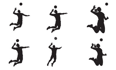 Silhouettes of male volleyball players in action, jumping and hitting the ball.