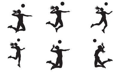 Silhouettes of female volleyball players in action, jumping and hitting the ball.