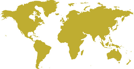 Golden yellow world map silhouette on a clean white background.