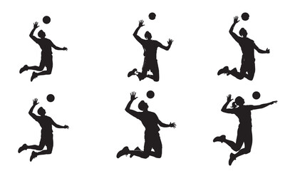 Silhouettes of volleyball players in action, jumping and hitting the ball.