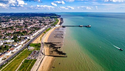 Aerial view of a coastal town with a sandy beach and greenish-blue sea