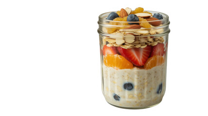 Jar of oatmeal with fruit and nuts breakfast isolated on a transparent background