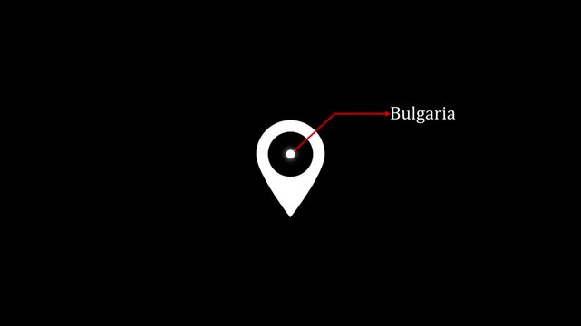 location of the city of Bulgaria on black screen. The name of the place with the location has been displayed black and white looped animation. Abstract GPS location tracking icon.