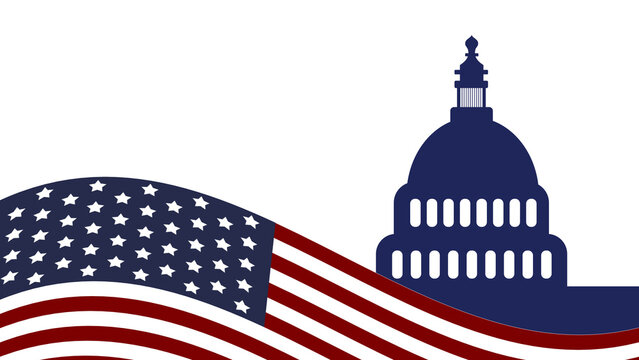 Graphic design featuring a flag and a government building in a simple layout