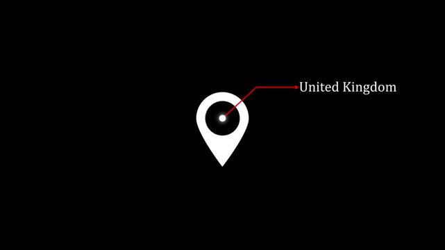 location of the city of United Kingdom on black screen. The name of the place with the location has been displayed black and white looped animation. Abstract GPS location tracking icon.
