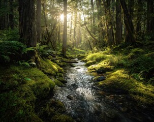 Obraz premium Enchanting Forest Stream Illuminated by Dramatic Sunbeams and Verdant Moss.