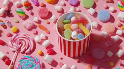 Top view of assorted multicolored sweet jelly candies and marshmallows scattered near disposable striped cup on pink background