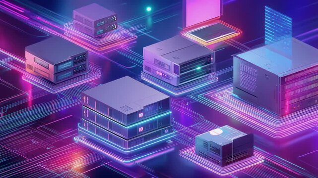 Futuristic computer servers with neon circuit patterns.