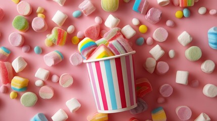 Top view of assorted multicolored sweet jelly candies and marshmallows scattered near disposable striped cup on pink background