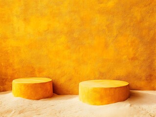 Two circular objects against a textured orange wall