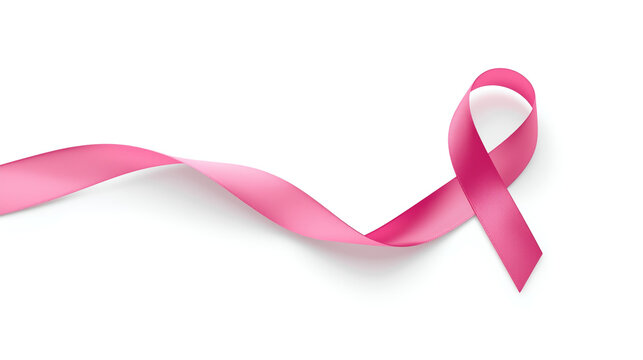 A pink awareness ribbon in a smooth satin texture flows across a white background, culminating in a looped shape. The minimalist composition features soft gradients, subtle highlights, and shadows.