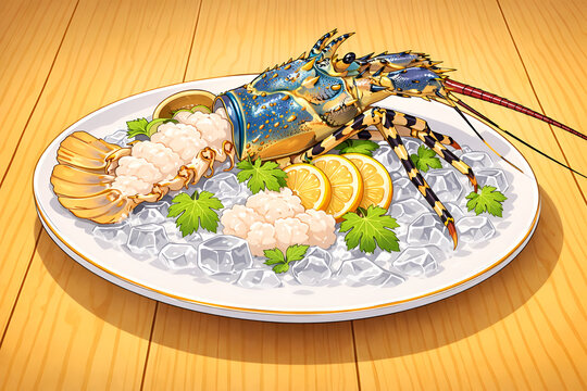Giant Rainbow Lobster Sashimi on Ice with Lemon and Herbs, Anime Style Semirealistic Seafood Illustration