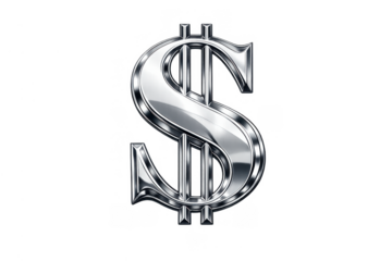 Dollar sign symbol in shiny metallic chrome silver, representing finance, wealth, currency, and business growth on transparent background
