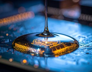 Close-up of clear liquid pooling on a circuit board, reflecting light