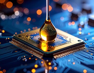 Liquid droplet dripping onto a microchip on a blue circuit board