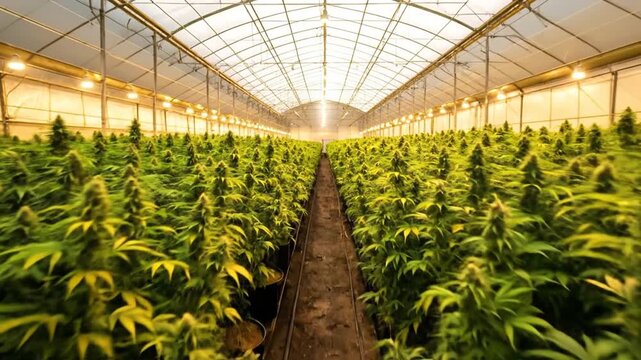 A large greenhouse filled with rows of green, leafy plants growing under artificial light