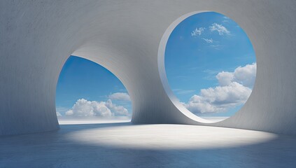 Architectural interior with two circular openings framing a bright blue sky and fluffy white clouds