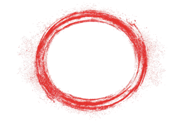 A vibrant red, scribbled circle with a textured, speckled edge, set against a black backdrop