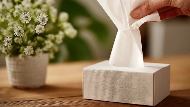 Close-up of a hand removing a tissue from a white box placed next to a beautiful plant on a wooden table. A serene, ordinary environment is created by soft lighting.