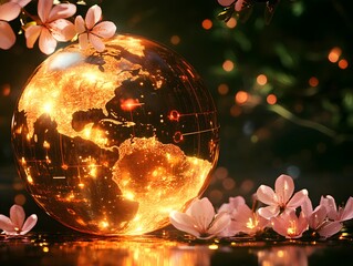 Illuminated globe surrounded by blossoms