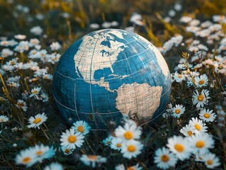 Globe in a field of daisies
