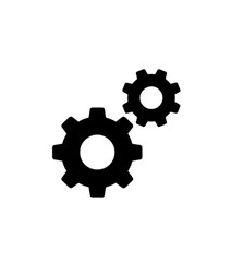 A minimalist black silhouette vector image of two interlocking mechanical gears of different sizes, symbolizing synchronization, industrial processes, and effective teamwork