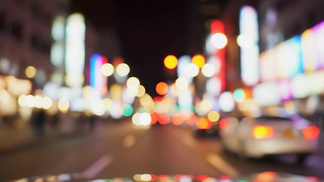 Out of focus night city street with car lights and neon signs. Urban background for bokeh effect and abstract concept.