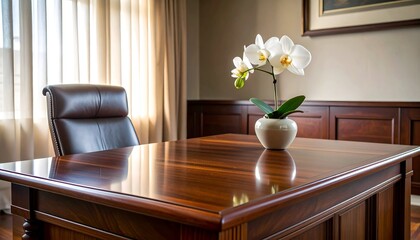Elegant office space featuring a glossy desk with a flower