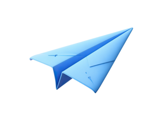 A 3D rendered paper airplane, shaded in shades of blue, isolated on black background