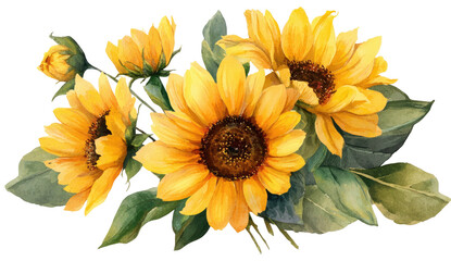 A vibrant watercolor painting of a bouquet featuring sunflowers and lush green foliage © Paris