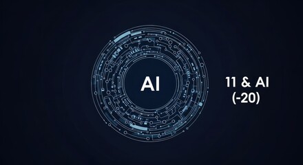 A futuristic digital illustration of a circular AI symbol with code and data visualization on a dark background