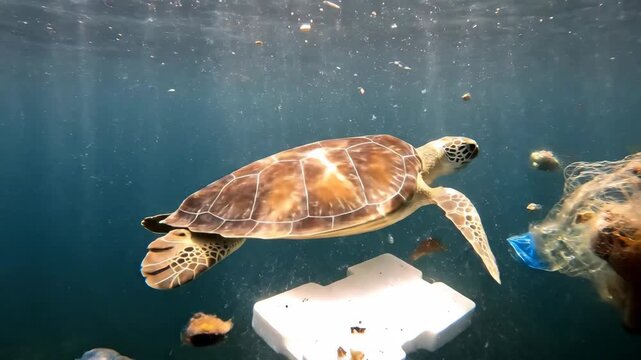 Sea turtle swimming among floating plastic waste in ocean. Environmental pollution concept and marine life danger.