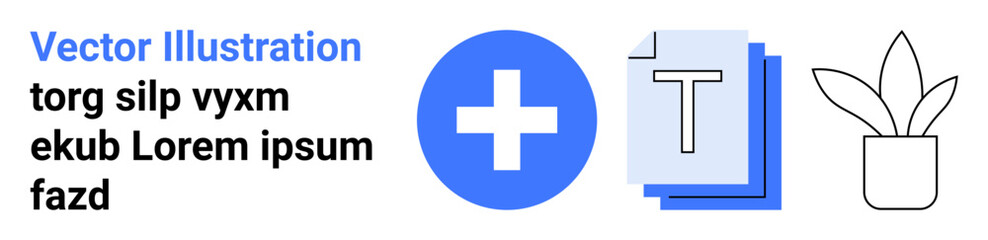 Fototapeta premium Healthcare, education, business branding, digital media, document management, wellness. Set of icons including a medical cross, text document and potted plant. Healthcare and wellness elements