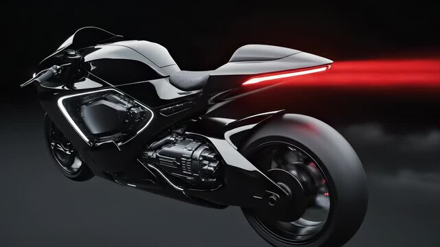 Futuristic Black Motorcycle with Red Light Trail.