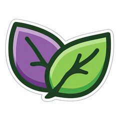 Close-up of a stylized icon depicting two overlapping leaves, one purple, the other green, with a white border