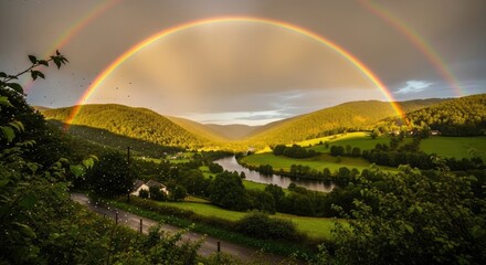 Fototapeta premium A serene landscape with a double rainbow over a lush green valley and rolling hills